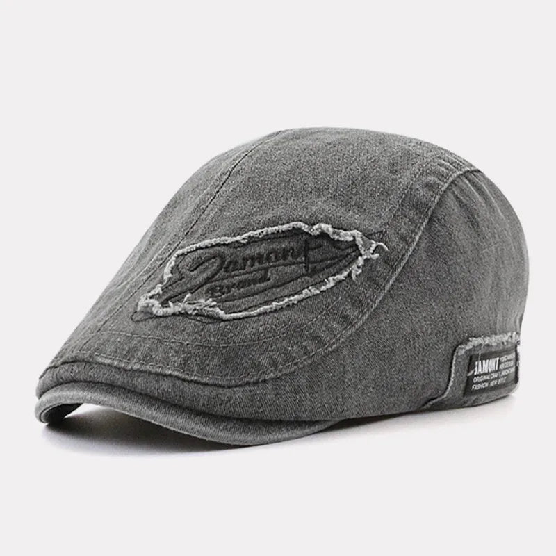 Casquette en denim gris avec écusson Damont brodé et étiquette latérale