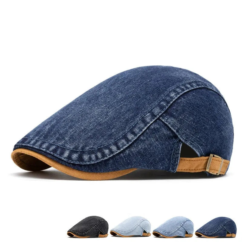 Casquette vintage réglable en jean bleu foncé, visière courbée et sangle à boucle