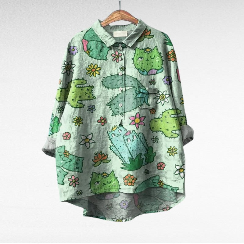 Blouse boutonnée à motif de feuilles et fleurs vert, col chemise, manches longues