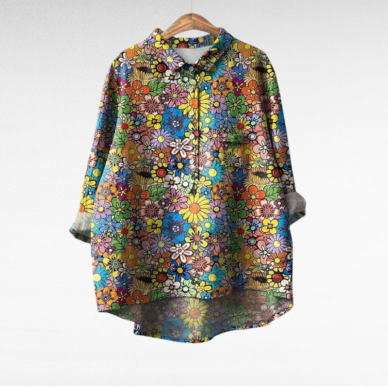 Blouse à col chemise boutonnée, imprimé floral multicolore, poche poitrine