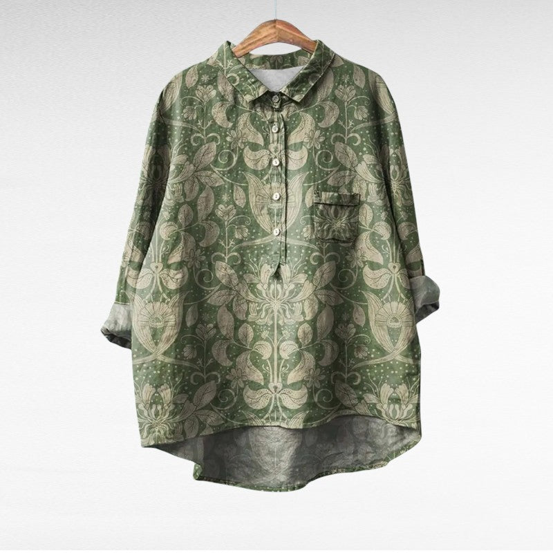 Blouse à col chemise boutonnée, imprimé végétal vert, poche poitrine