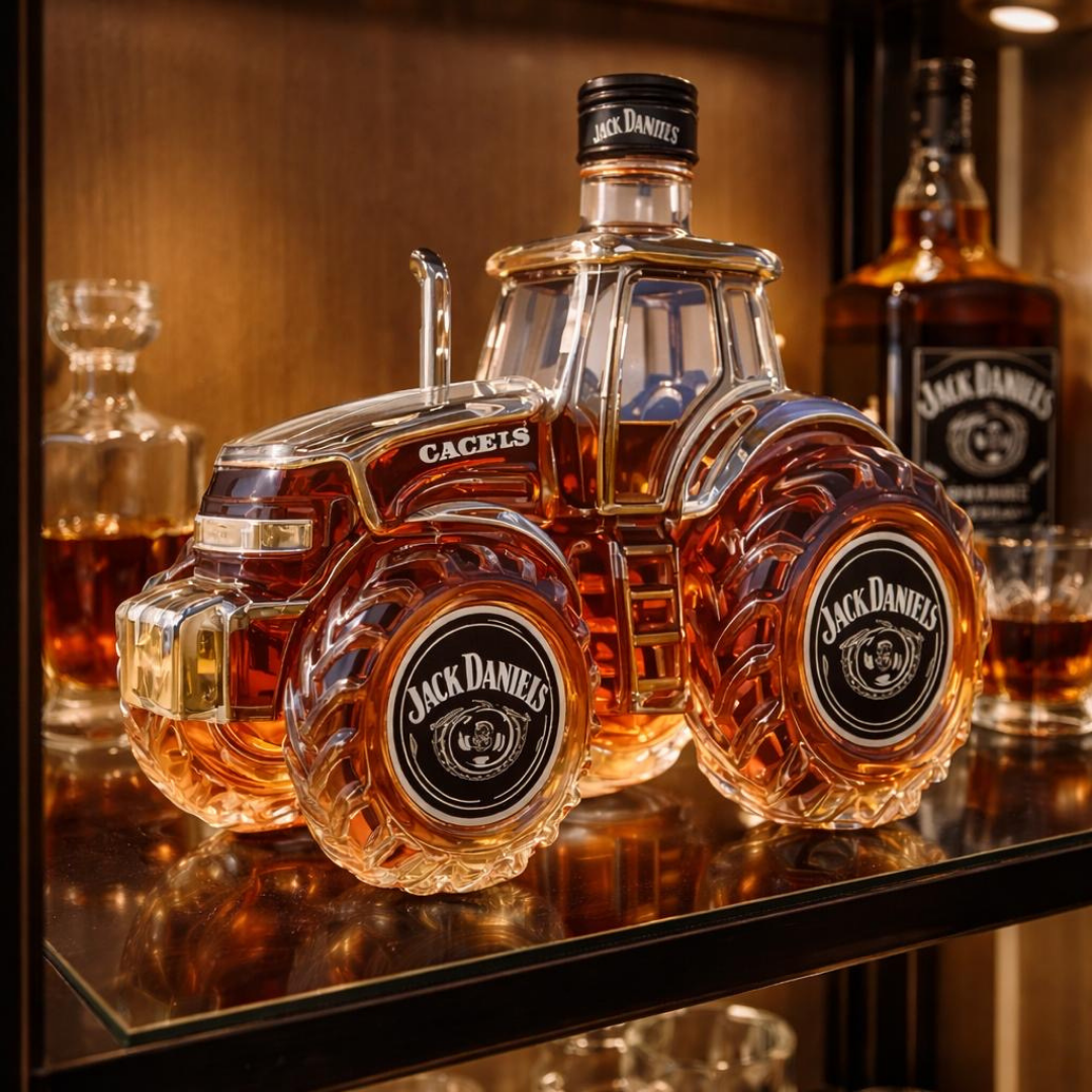 Carafe à whisky en verre, base et roues translucides, bouchon doré; Jack Daniel's visible.