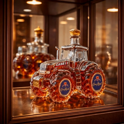 Carafe à whisky en verre style tracteur, bouchon doré, logos sur l’avant et les roues.