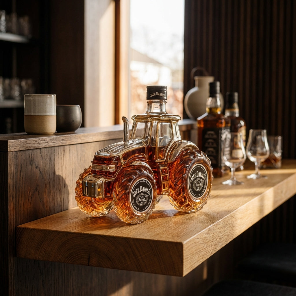 Carafe à whisky en verre transparent, format tracteur, bouchon doré; Jack Daniel's.