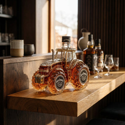 Carafe à whisky en verre transparent, format tracteur, bouchon doré; Jack Daniel's.