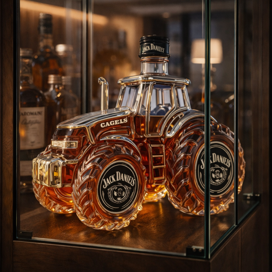 Carafe à whisky tracteur en verre, vue 3/4; logo Jack Daniel's sur les roues.