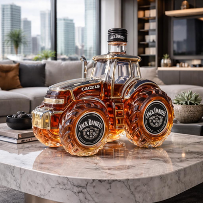 Carafe à whisky tracteur en verre, bouchon doré, roues et cuve; Jack Daniel's.