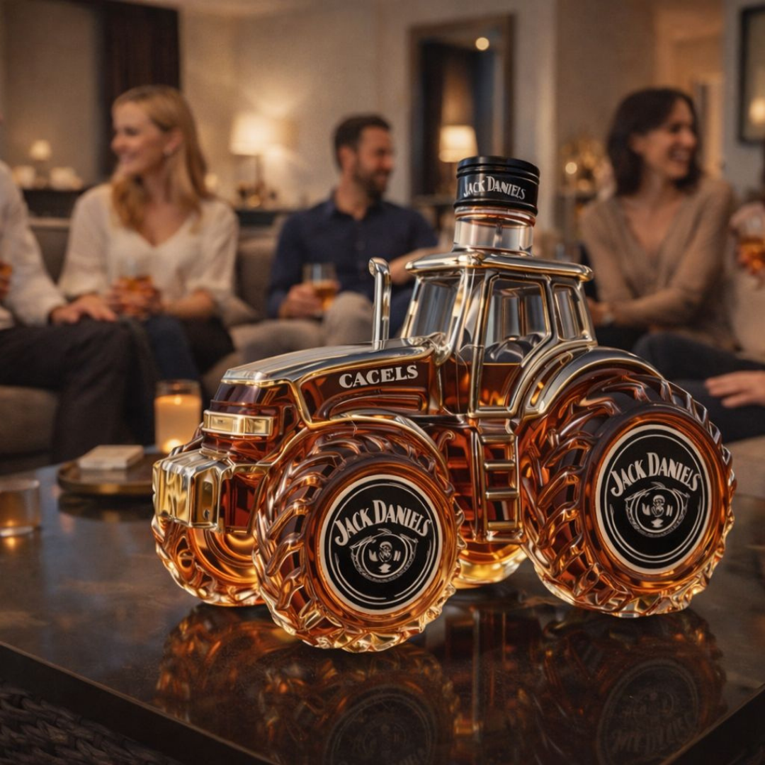 Carafe à whisky en verre, silhouette tracteur, gros plan sur roues; Jack Daniel's.
