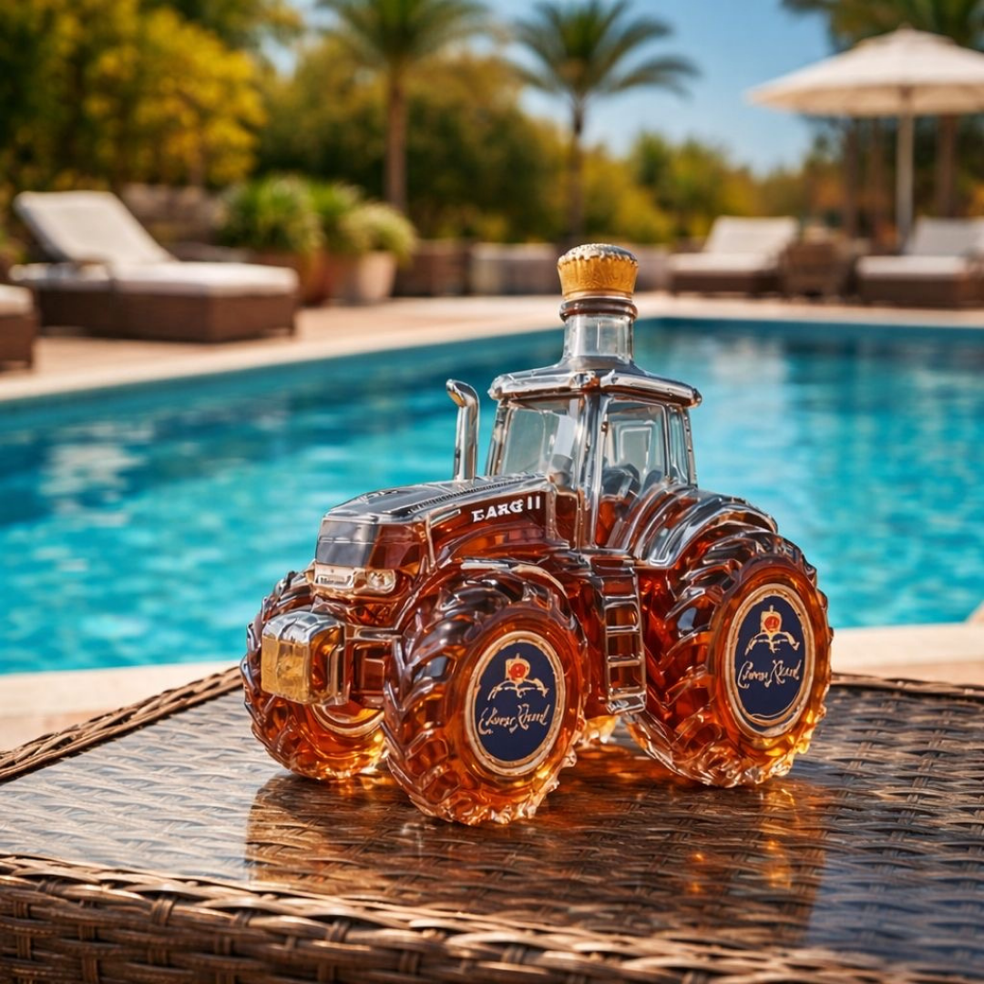 Carafe à whisky en verre avec bouchon doré, style tracteur, logo sur les roues.