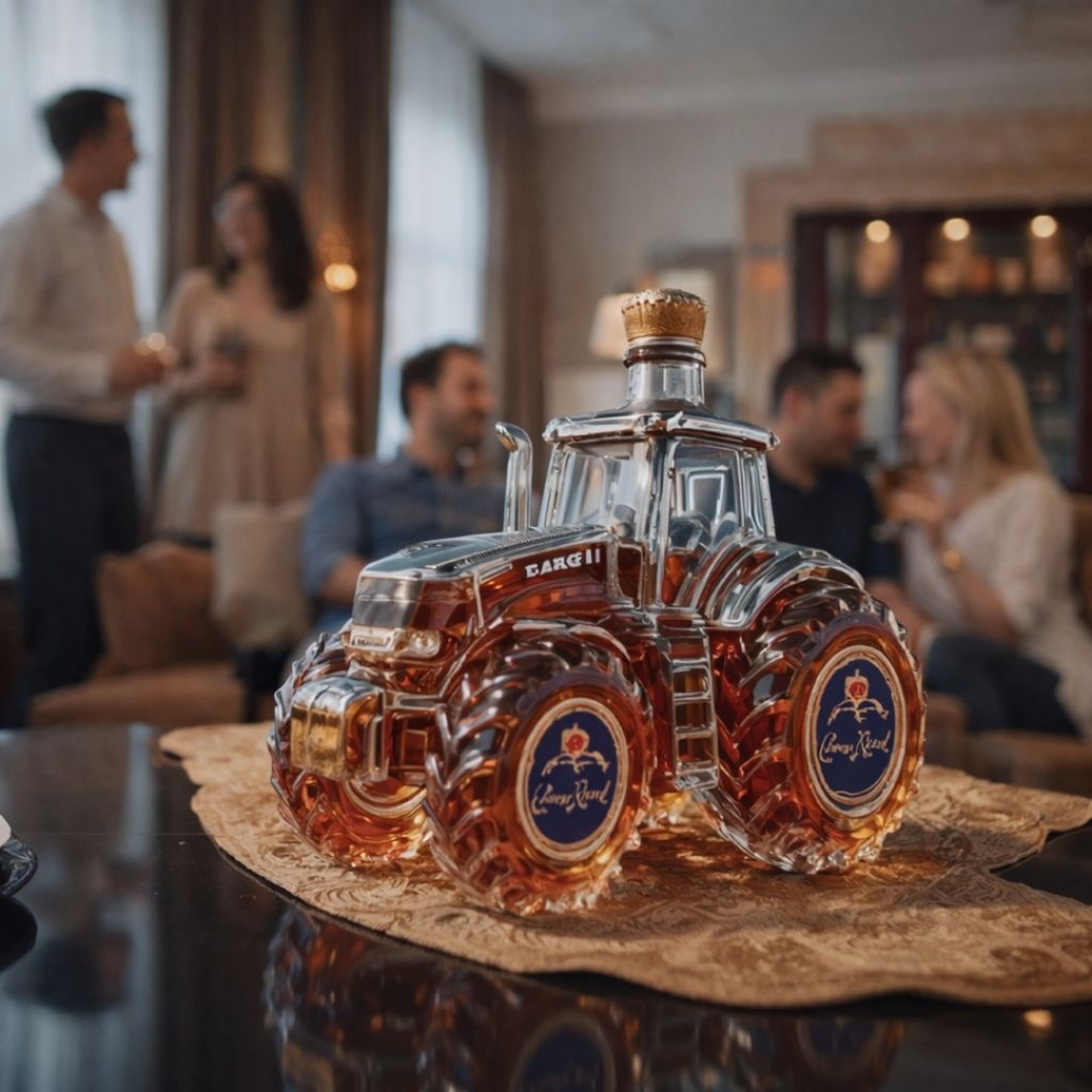Carafe à whisky tracteur en verre, bouchon en liège doré; logo sur roues.