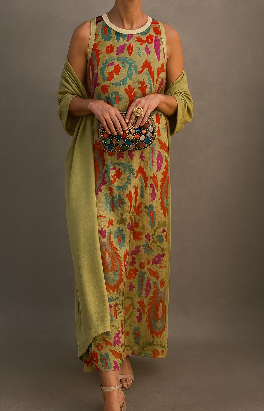Robe longue imprimée à motifs, avec gilet assorti vert olive et manches 3/4