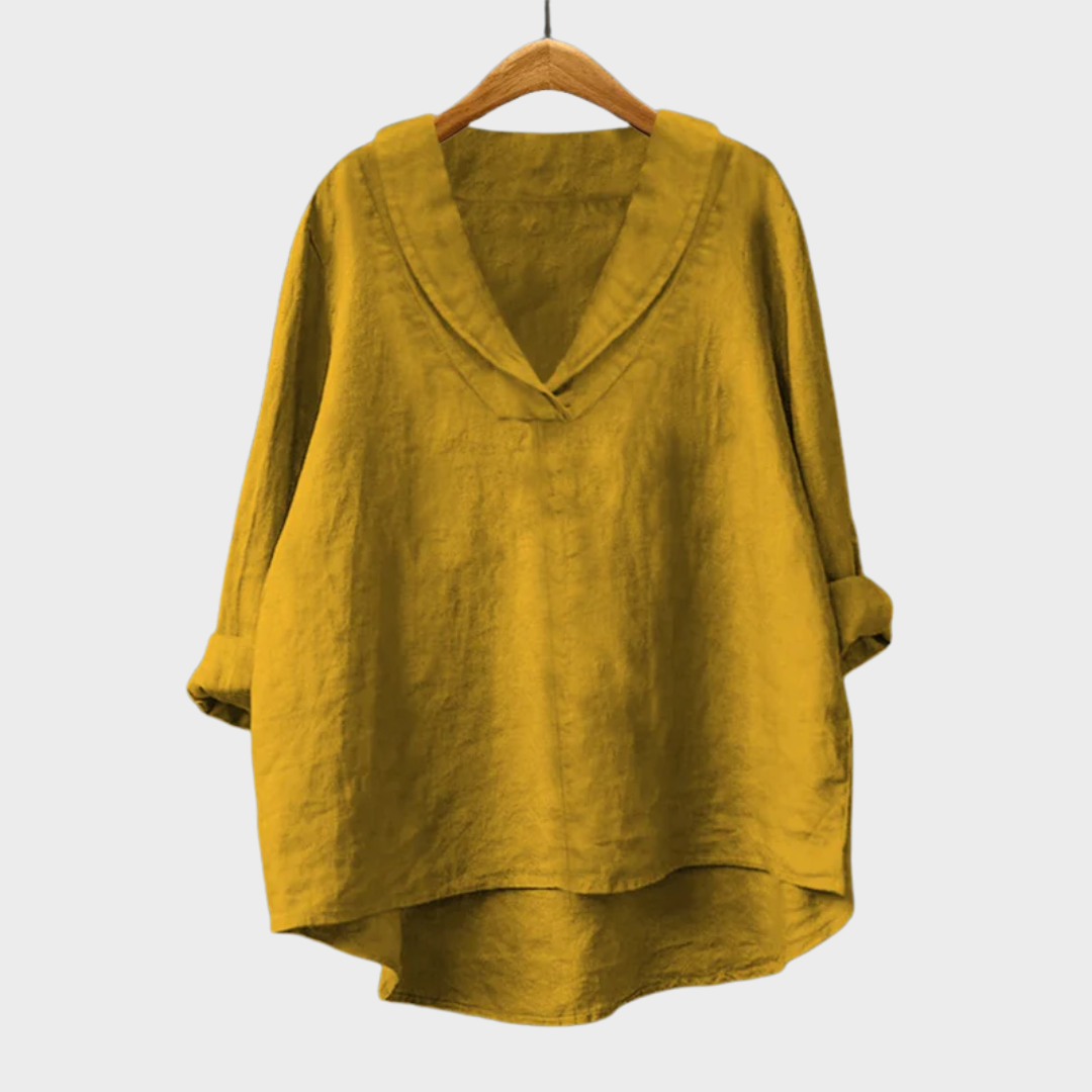 Blouse fluide col V jaune, manches trois-quarts, coupe ample
