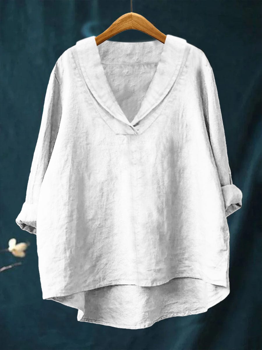 Blouse fluide col V blanche, manches trois-quarts, coupe ample