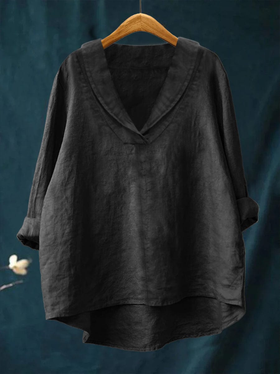 Blouse fluide col V noire, manches trois-quarts, coupe ample