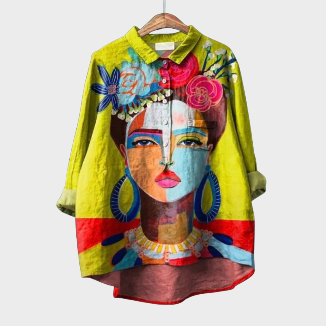 Blouse jaune à col et manches 3/4, imprimé visage artistique multicolore, boutonnée
