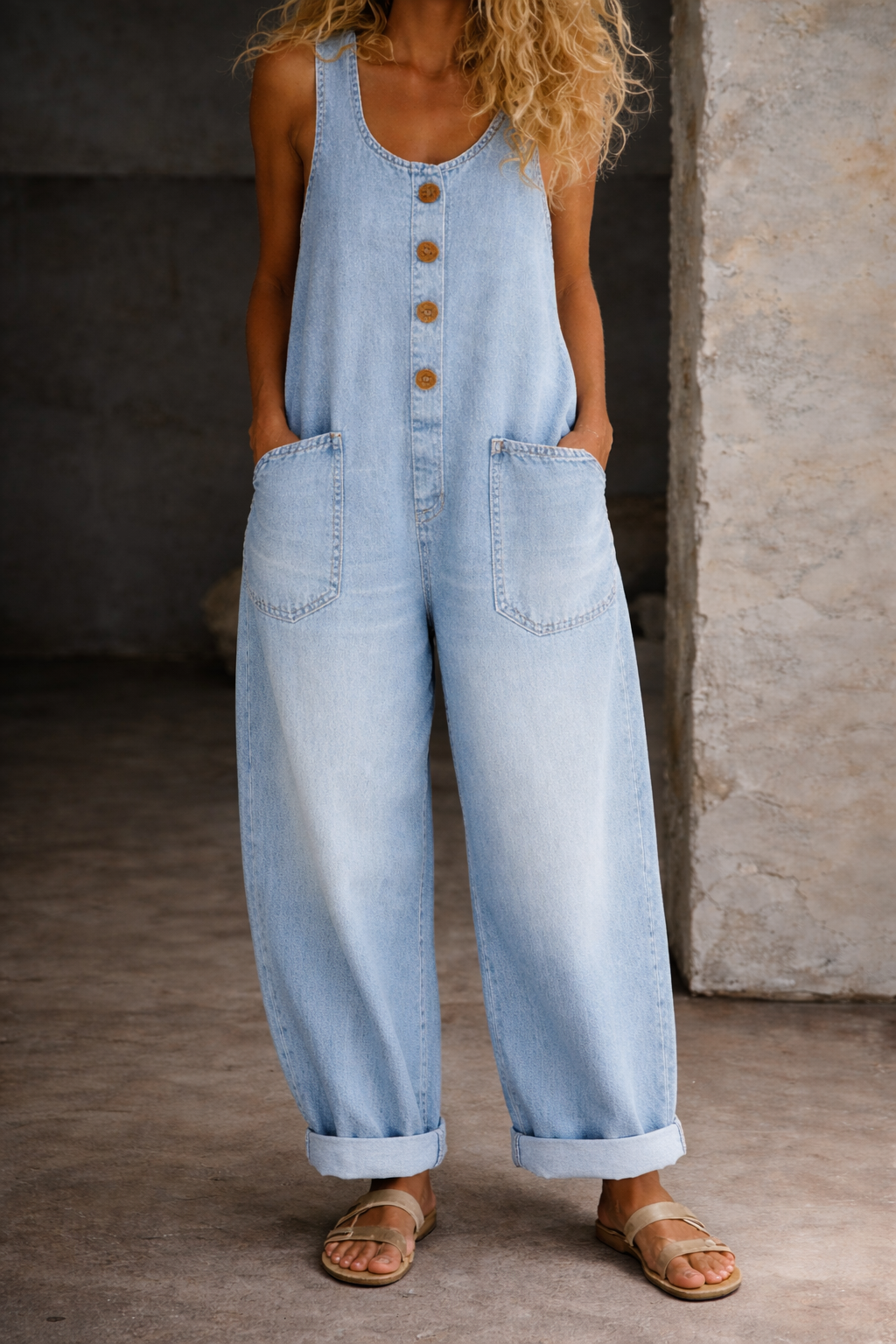 Salopette denim bleu clair délavé, bretelles, boutons devant, poches poitrine et côtés.