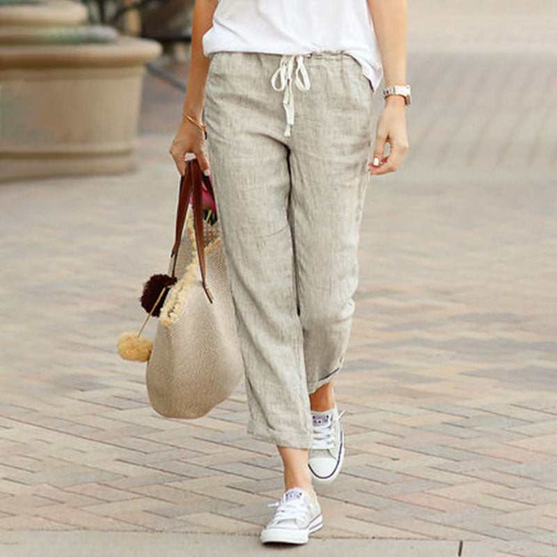 Pantalon casual Alvie gris kaki, taille à cordon, jambe ample 7/8.