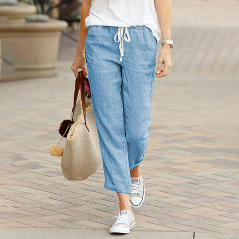 Pantalon casual Alvie bleu, taille à cordon, jambe ample 7/8.