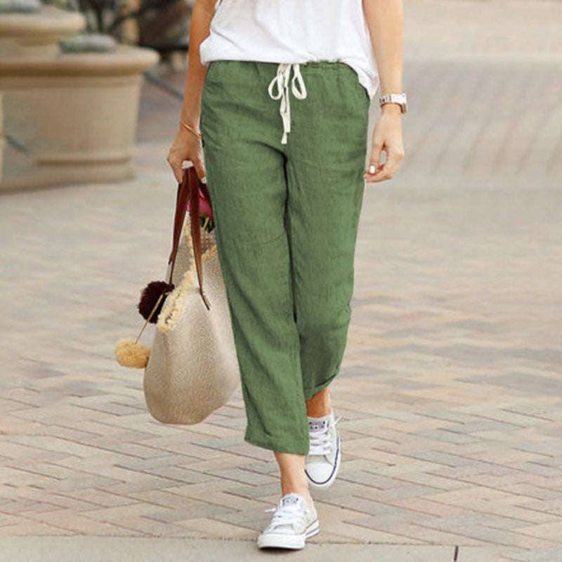 Pantalon casual Alvie vert, taille à cordon, jambe ample 7/8.