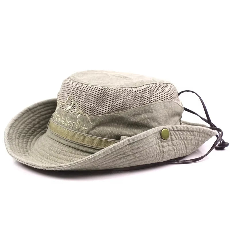 Chapeau d’extérieur respirant beige clair, large bord, panneaux en maille, cordon