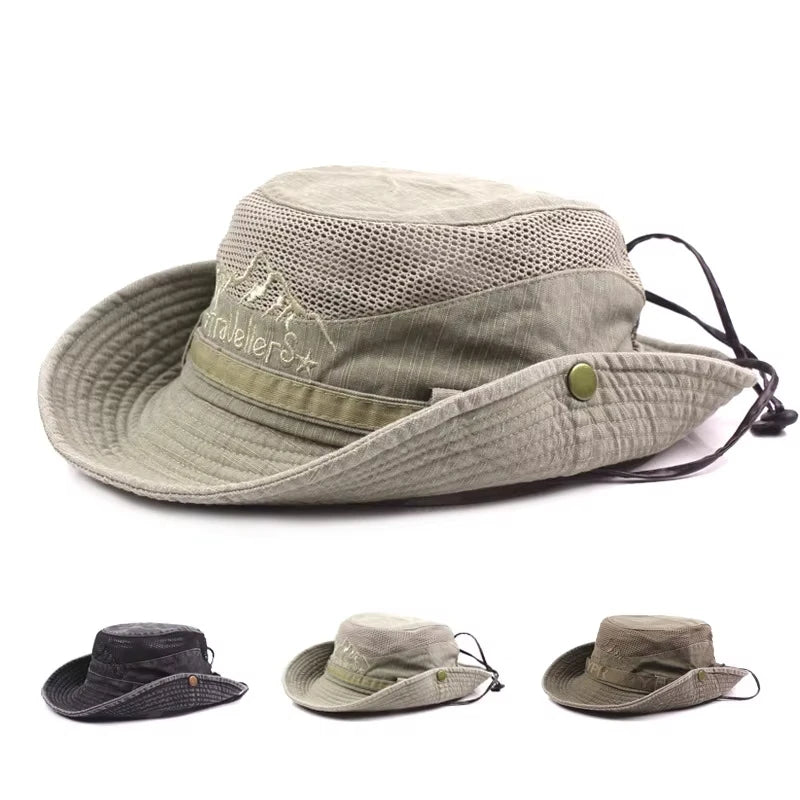 Chapeau d’extérieur respirant beige clair, large bord, maille respirante, cordon noir