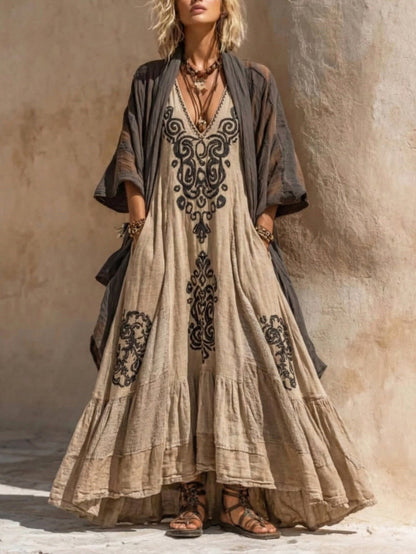 Ensemble en lin kaki : tunique et jupe longues brodées noires, superposition sombre.