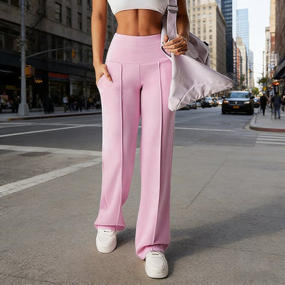 Pantalon femme à jambes larges et droites, taille haute. Tissu extensible