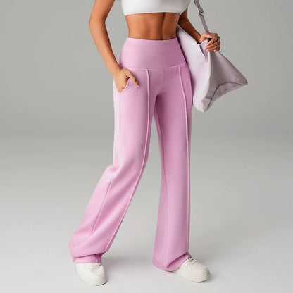 Pantalon femme à jambes larges et droites, taille haute. Tissu extensible