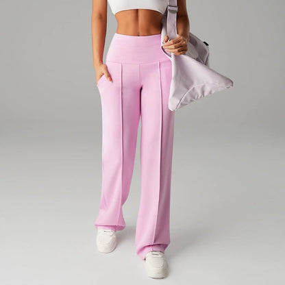 Pantalon femme à jambes larges et droites, taille haute. Tissu extensible