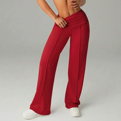 Pantalon femme à jambes larges et droites, taille haute. Tissu extensible