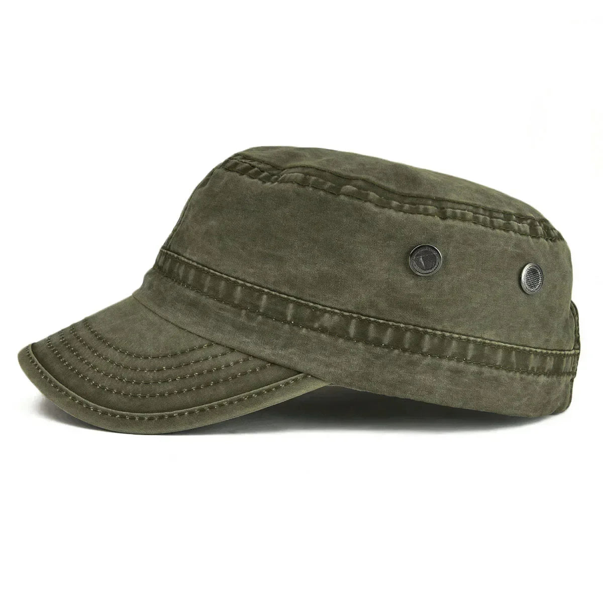 Casquette Bloom™ vintage robuste vert olive avec visière, coutures et deux œillets