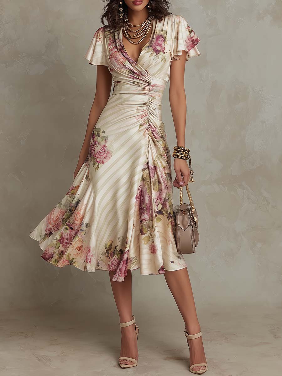 Robe midi satin crème à fleurs roses et rayures, taille froncée, jupe évasée.
