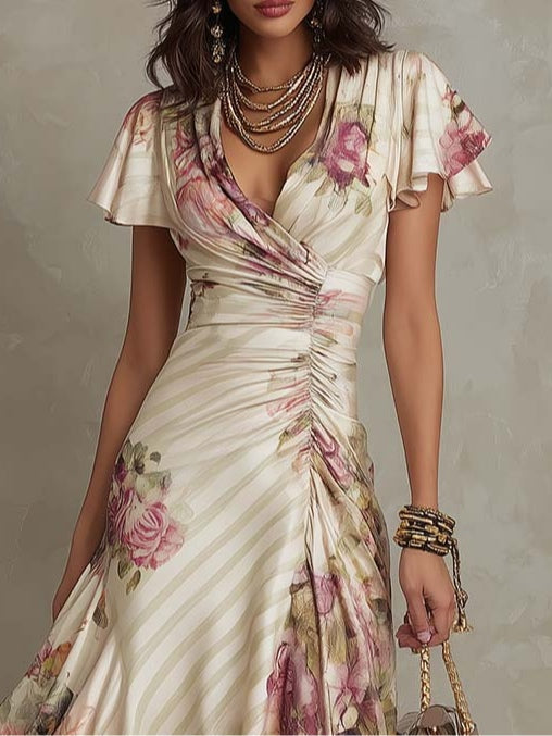 Robe midi en satin crème, fleurs roses, cache-cœur drapé et manches courtes.