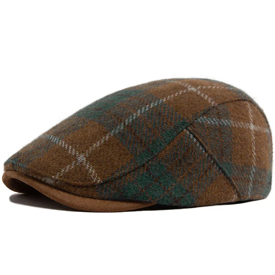 Casquette homme Bloom™ à carreaux bruns et vert, visière courte et motif écossais