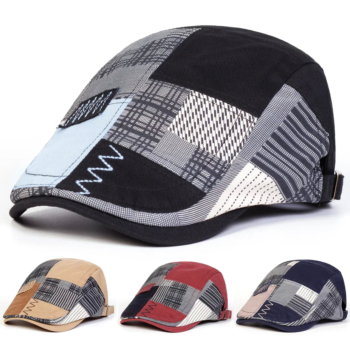 Casquette homme patchwork noir et blanc, panneau bleu clair et fermeture latérale.