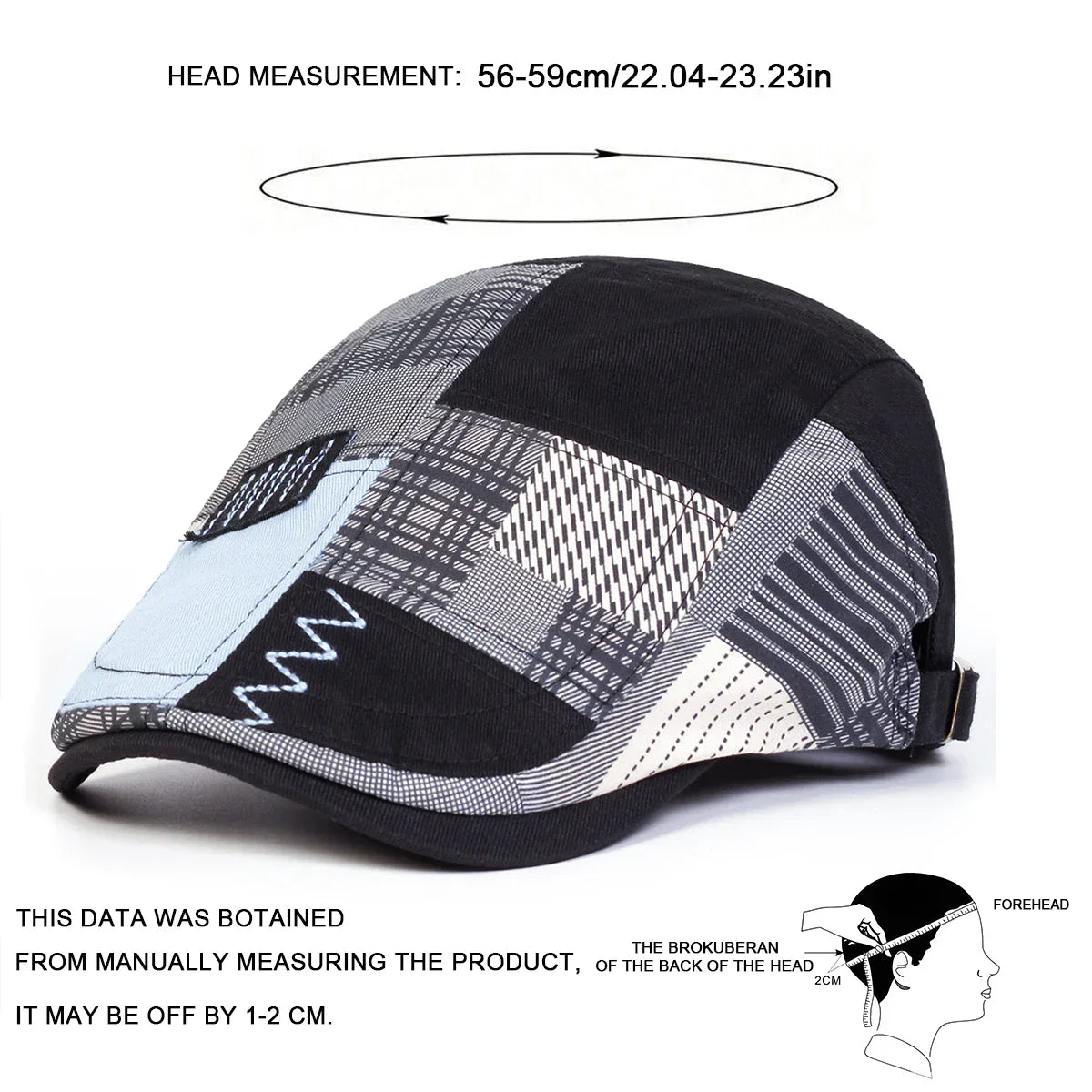 Casquette homme patchwork noire, panneaux à carreaux gris et blanc, visière courbée.