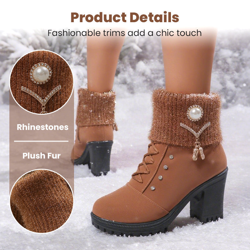 Bottines femme marron à talon épais, manchette en fausse fourrure, déco perles et strass