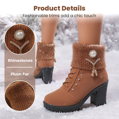 Bottines femme marron à talon épais, manchette en fausse fourrure, déco perles et strass
