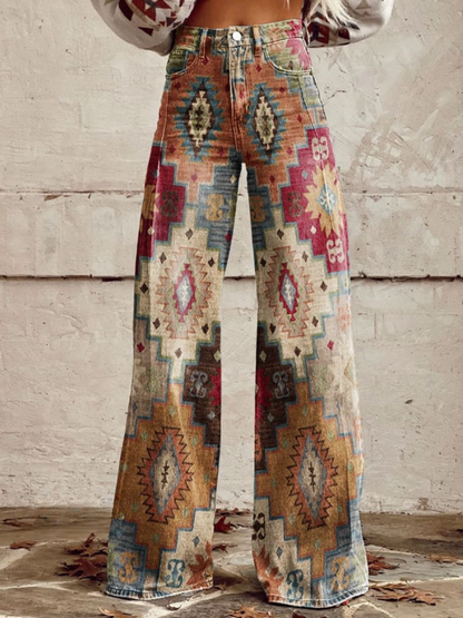 Pantalon large rétro à motif aztèque multicolore, fermeture boutonnée, jambes évasées