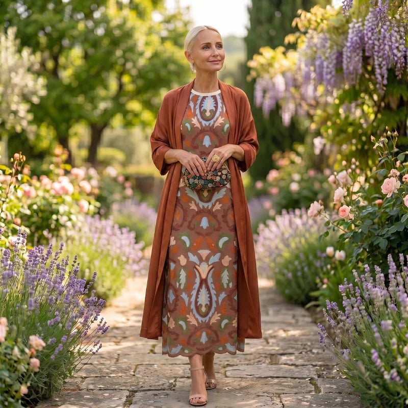 Daniela | Robe longue imprimée avec gilet assorti