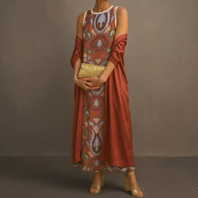 Daniela | Robe longue imprimée avec gilet assorti