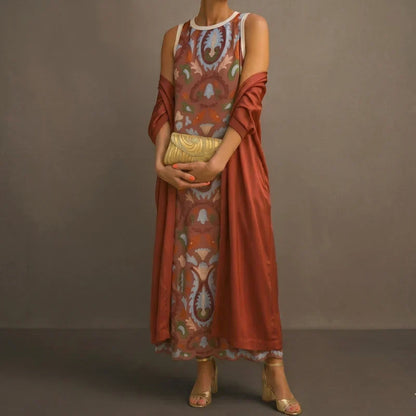 Daniela | Robe longue imprimée avec gilet assorti