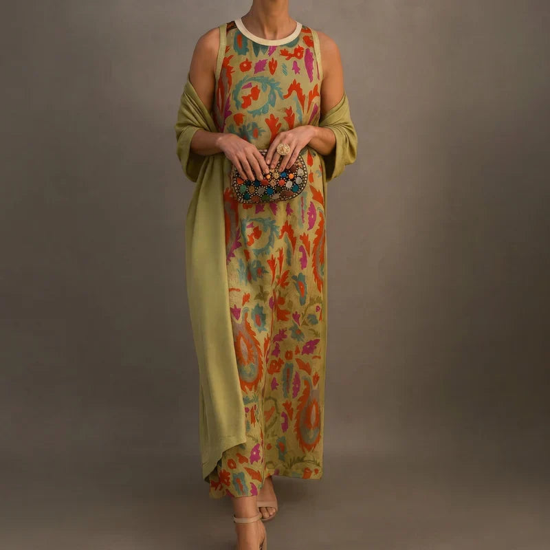 Daniela | Robe longue imprimée avec gilet assorti
