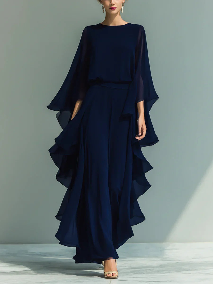 Ensemble robe longue en chiffon bleu marine, coupe évasée avec volants aux manches