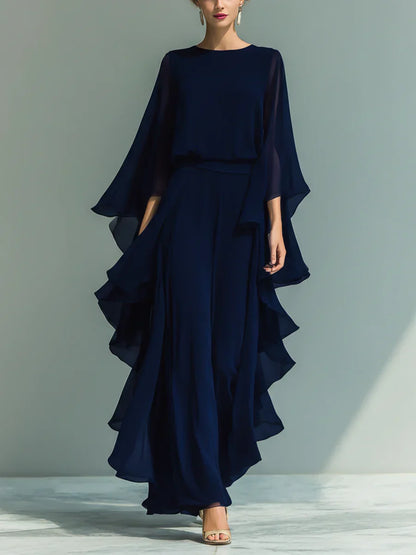 Ensemble robe longue en chiffon bleu marine, coupe évasée avec volants aux manches