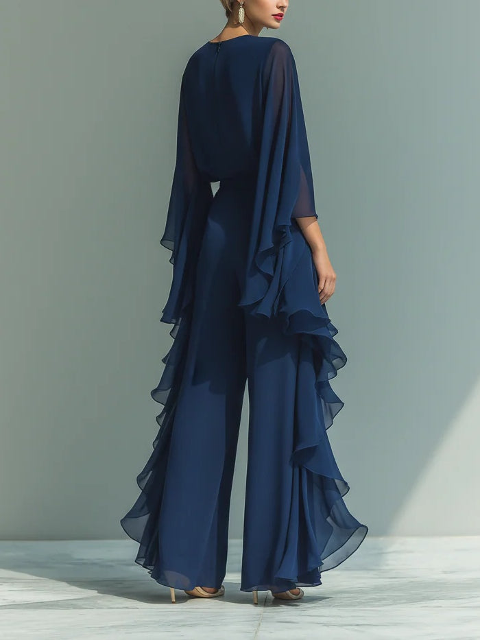 Ensemble robe longue en chiffon bleu marine, manches amples et volants superposés