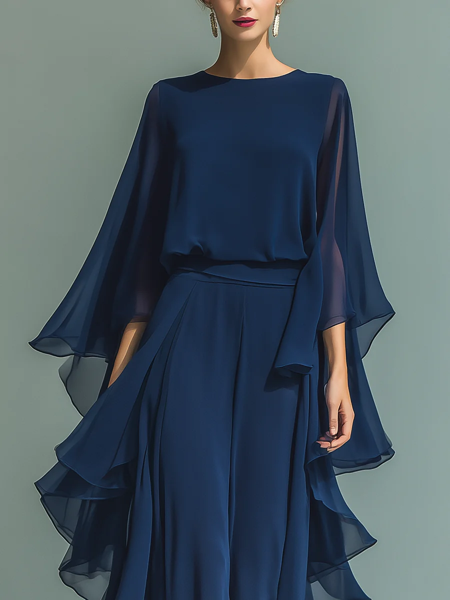 Ensemble robe longue en chiffon bleu marine, encolure ronde, ceinture et volants