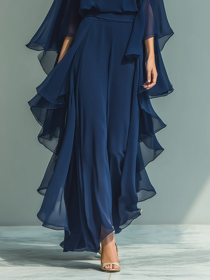 Ensemble robe longue en chiffon bleu marine, jupe fluide à volants superposés
