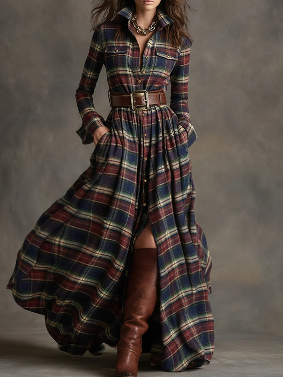 Robe longue à carreaux, taille marquée et ceinture, fente avant boutonnée, col chemise.