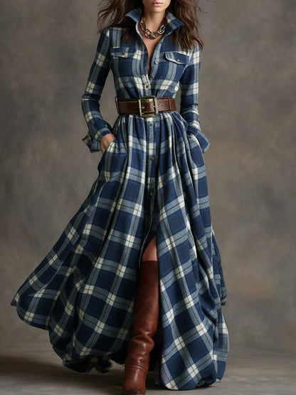 Robe chemise longue à carreaux bleu et vert avec ceinture marron